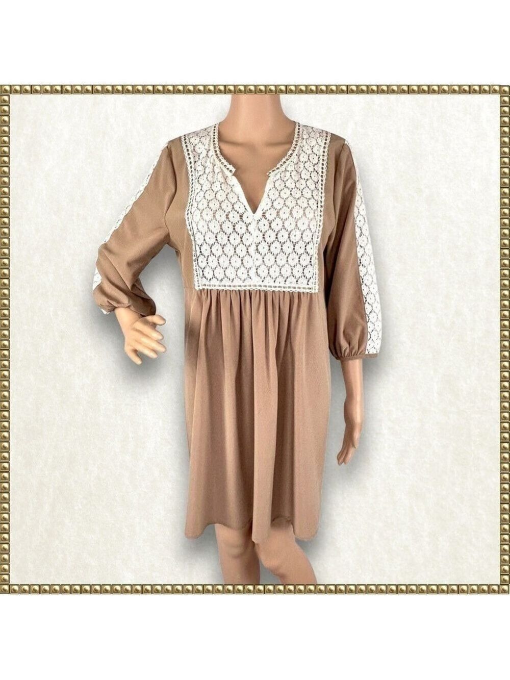 Umgee Taupe White Lace Babydoll Dress Small